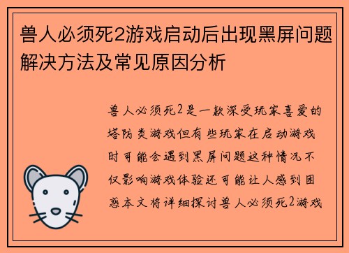 兽人必须死2游戏启动后出现黑屏问题解决方法及常见原因分析