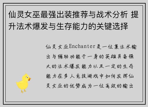 仙灵女巫最强出装推荐与战术分析 提升法术爆发与生存能力的关键选择